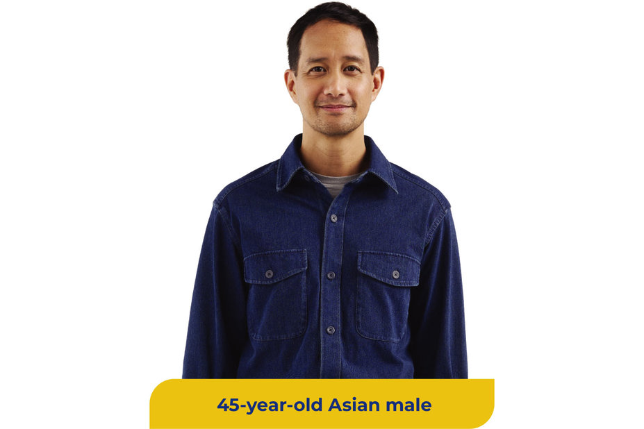 Vince is a 45-year-old Asian male.