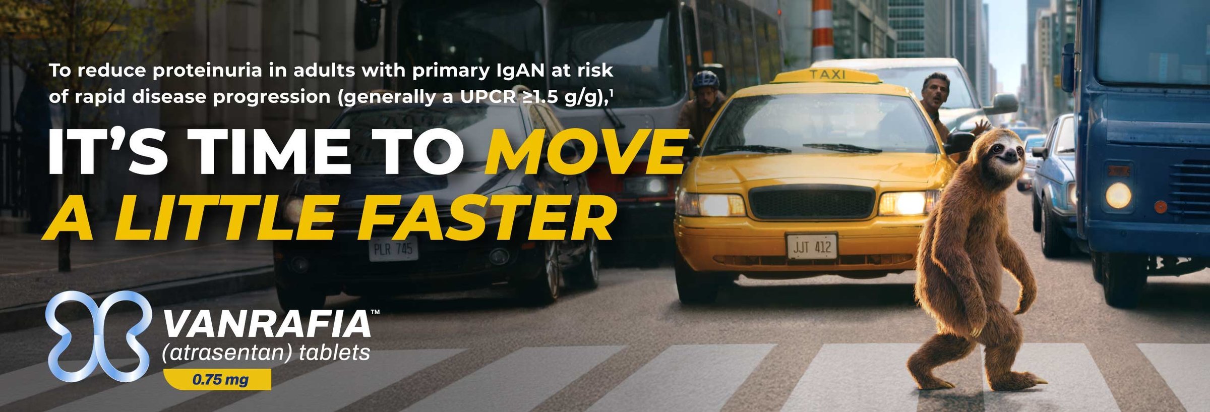 To reduce proteinuria in adults with primary IgAN at risk of rapid disease progression (generally a UPCR ≥1.5 g/g). It’s time to move a little faster. VANRAFIA® (atrasentan) tablets 0.75 mg.